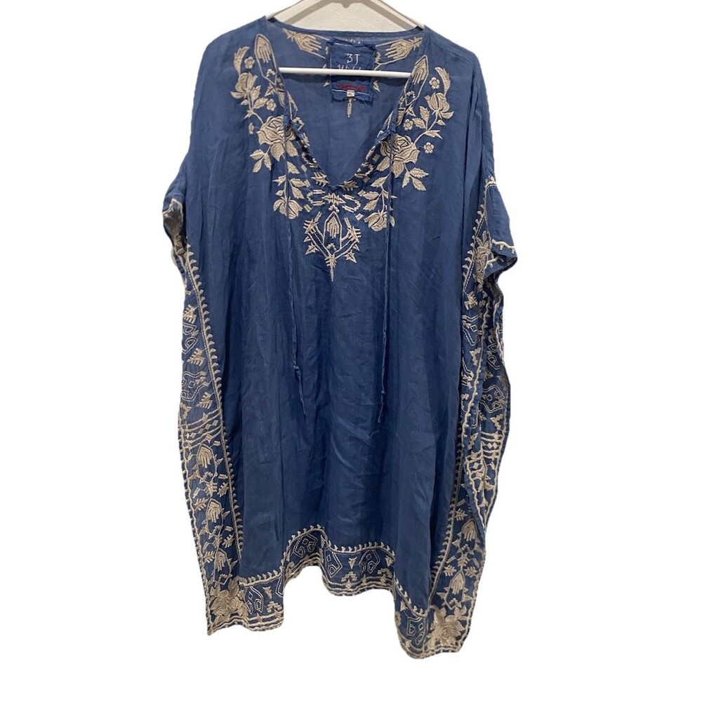 Johnny Was Workshop Kimono Dress Blue & White Embroidered‎ Cover up Sz XL
